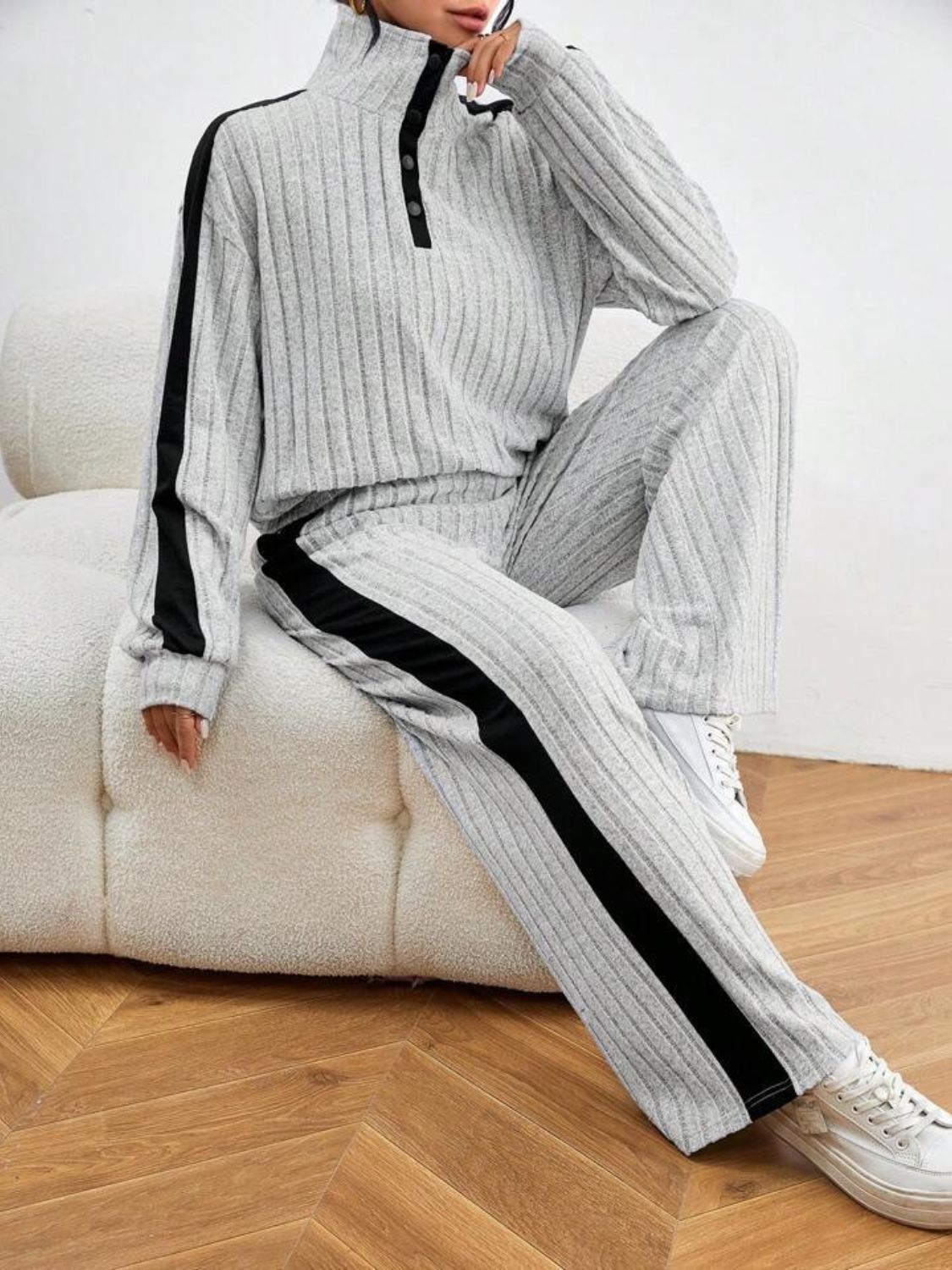 Contrast Collared Neck Long Sleeve Top and Pants Set