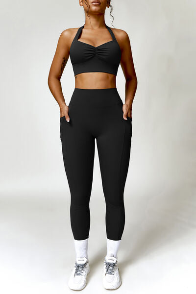 Ruched Halter Neck Bra and Pocketed Leggings Active Set