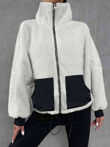 Contrast Drawstring Collared Neck Jacket